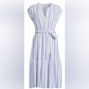 Time and Tru Striped Linen-Blend Tiered Midi Dress Blue and White - Size M 2035